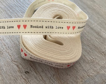 Hooked with Love Ribbon, Red Hearts, Printed Cotton Ribbon, Sewing, label, tag, Fabric, Decoration Gift Wrapping, Knitter, Crochet, Crafter