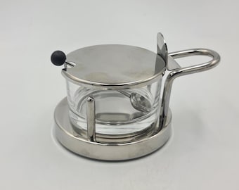 Alessi Ettore Sottsass Cheese Parmesan Cellar Made in Italy, 1980s Postmodern Design with Spoon Stainless Steel Holder