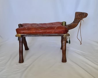 Vintage Camel Saddle Stool in Leather and Wood, c.1950s