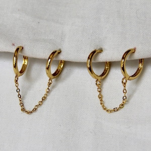 gold double chain earrings, earrings for double piercings, chain huggie earrings for doubles, minimalist double chain earrings, simple hoops