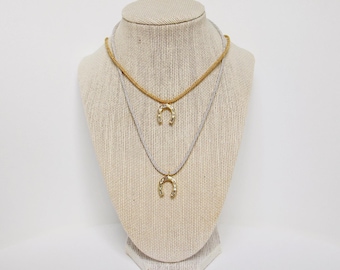Gold & Silver Horseshoe Pendant Necklace: Mixed Metal Cord Necklace