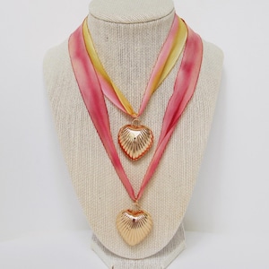 Large Hand-dyed Silk Ribbon Necklace with Heart Charm | Silk Scarf Necklace | Silk Twilly Necklace | Heart Charm Necklace | Puffy Heart
