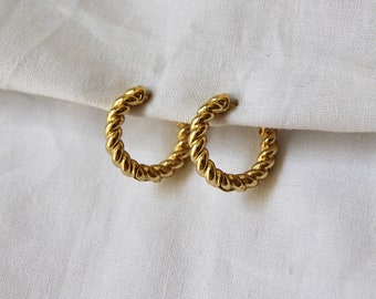 twisted hoop style earrings, leverback closer, twisted huggie style earrings, 14k gold filled anti tarnish hoop earrings, croissant earrings