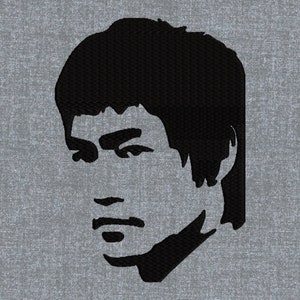 May include: Black and white silhouette of Bruce Lee's face. The image is a simple, stylized portrait of the martial arts legend.