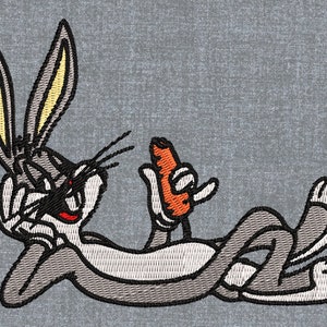 May include: A cartoon image of Bugs Bunny, a gray rabbit, lying on his back with his arms and legs outstretched. He is holding a large orange carrot in his right hand.