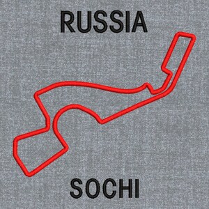 May include: A red outline of the Sochi Autodrom race track on a gray background with the text "RUSSIA" and "SOCHI" in black.
