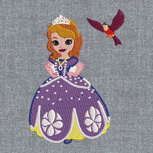 May include: Embroidered design of a princess in a purple dress with white polka dots and a crown. She is holding a white scroll and has a pearl necklace. A red bird is flying above her.
