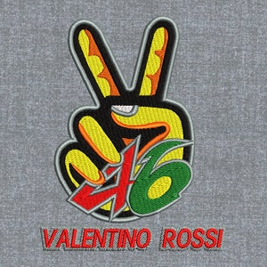 以下が含まれることがあります： 平和マークと数字の46が刺繍された黄色、オレンジ、赤、緑、黒の刺繍パッチ。パッチの下に「VALENTINO ROSSI」の文字があります。