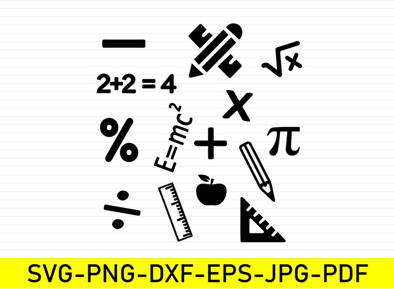 Puede incluir: Dise&ntilde;o gr&aacute;fico en blanco y negro con s&iacute;mbolos matem&aacute;ticos, incluyendo un l&aacute;piz, una regla, una manzana, un signo m&aacute;s, un signo de porcentaje, pi, una ra&iacute;z cuadrada y la ecuaci&oacute;n E=mc2. Tambi&eacute;n se incluye el texto 2+2=4.
