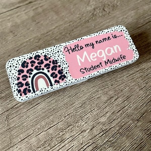 Personalised  Hello my name is... Pink leopard print rainbow name badge | nurse | doctor | student | midwife | nursery staff name tag