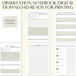 Może przedstawiać: Drukowany notes do dysertacji z sekcjami na notatki z spotkań z promotorem, pytania do prezentacji, recenzje artykułów, notatki oraz plan i harmonogram dysertacji. Notes ma jasnobrązowe tło z czarnym tekstem.