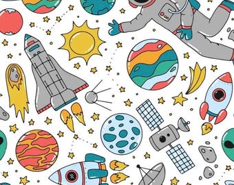 May include: A seamless pattern featuring a whimsical space theme. The design includes an astronaut, planets, rockets, stars, a sun, and a satellite against a white background. The illustrations are in bright colors with a cartoon style.