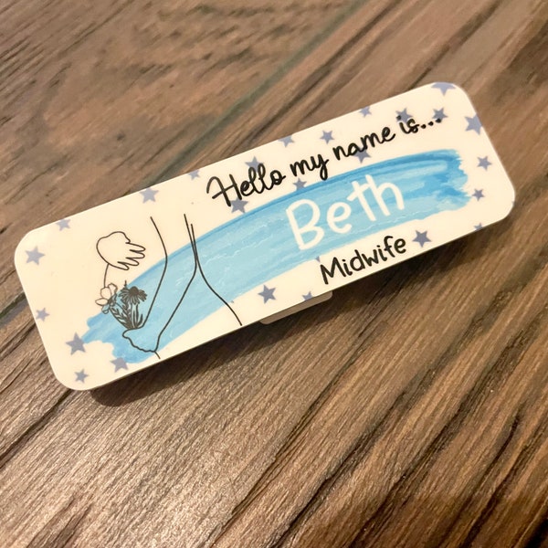 Blue personalised Hello my name is... name badge for midwife | nurse | doctor | student | baby bump / student midwife | maternity