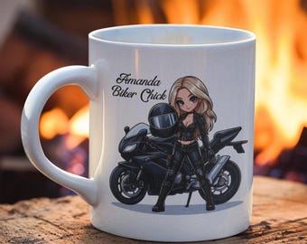 May include: White ceramic mug featuring a cartoon illustration of a woman in biker attire, a black motorcycle, and a helmet. The mug has the text "Amanda Biker Chick" in script.