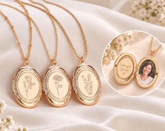 Personalized Photo Locket Necklace, Custom Birth Flower Locket, Engraved Memory Keepsake Gift