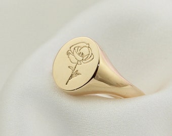 Bague de chevalière personnalisée, bague de fleur délicate, bague de fleur de naissance, bijoux du mois des fleurs, bague florale ovale, cadeau de fête des mères pour demoiselle d’honneur 