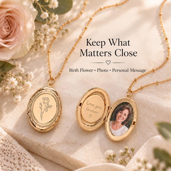 Personalized Photo Locket Necklace, Custom Birth Flower Locket, Engraved Memory Keepsake Gift