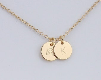 Personalized Rainbow Bridge Initial Disc Necklace, Custom Initial Charm Necklace Jewelry, Loss Memorial Gift for Her/Mom