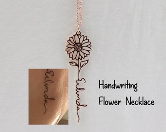 Collier de fleur de naissance d'écriture réelle, collier de nom de tournesol de signature personnalisé, cadeau de collier commémoratif délicat personnalisé pour la mère