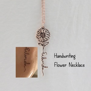 Collar de flor de nacimiento de escritura a mano real, collar de nombre de girasol de firma personalizada, regalo de collar conmemorativo delicado personalizado para madre imagen 1