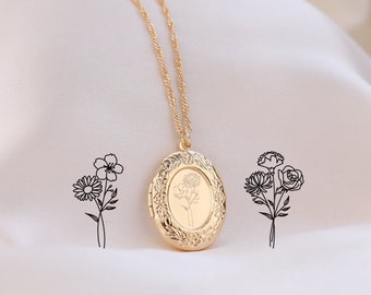 Custom Bouquet Locket Necklace with Birth Flower, Combine Flower Locket Necklace, Engraved Locket with Photo, Birthday Gift for Her/Sister