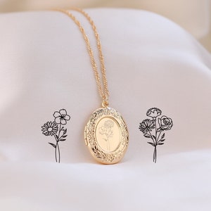 Collier médaillon bouquet personnalisé avec fleur de naissance, médaillon photo avec fleurs combinées, médaillon gravé avec photo, cadeau d'anniversaire pour elle/sœur image 1