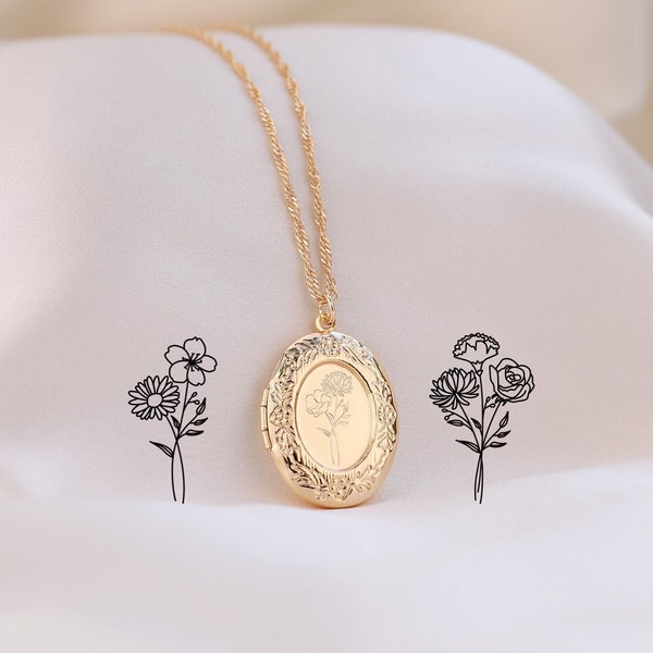 Custom Bouquet Locket Necklace with Birth Flower, Combine Flower Picture Locket , Engraved Locket with Photo, Birthday Gift for Her/Sister