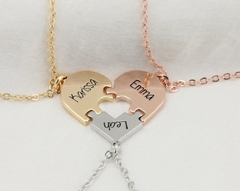 Collar de rompecabezas de corazón con nombre personalizado, collar de rompecabezas de mejor amigo para siempre, collar de juego de tres tonos, regalo para familia/hermana