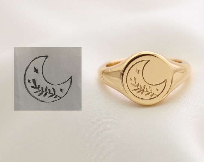 Custom Engraved Signet Ring, Personalized Drawing, Gold Plated Ring