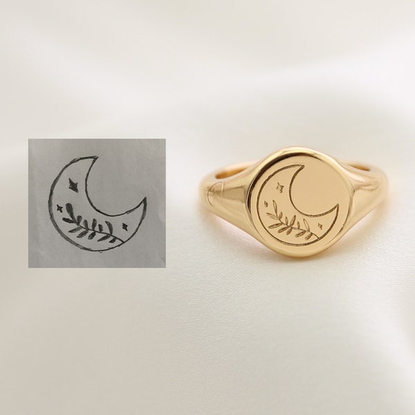 Custom Signet Ring for Men Women,Personalized Actual Drawing Logo Name Ring,Personalized Gold Ring,Engraving Ring Jewelry Gift for Him