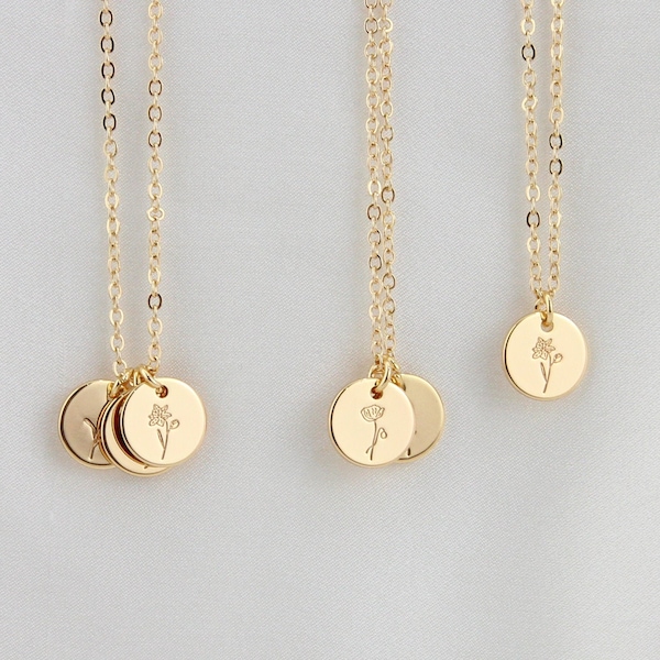 Spersonalizowany naszyjnik z kwiatowym dyskiem z okazji narodzin dziecka, naszyjnik z zawieszką z inicjałem miesiąca, biżuteria z łańcuszkiem, świąteczny prezent dla druhny/mamy