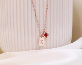Initial Tag Necklace with Birthstone, Custom Engraved Letter Pendant Necklace, Dainty Tag Charm Necklace,Birthday Gifts, Bridesmaid Gift