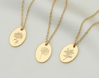 Geboorte bloem ketting met naam, maand bloemen ketting, ovale gegraveerde ketting, gouden aangepaste hanger ketting, verjaardagscadeau voor bruidsmeisje