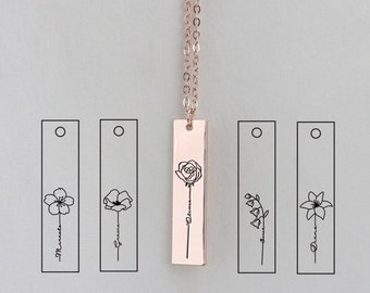 Birth Flower Necklaces with Name, Personalized Engraved Bar Floral Necklace for Women, Birthday Gifts for Her Mother Christmas Gifts