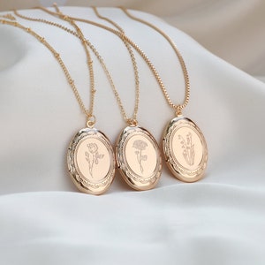 Locket Necklace with Birth Flower, Custom Engraved Bouquet Locket, Handwriting Locket Keychain with Photo, Memorial Gift for Christmas/Mom