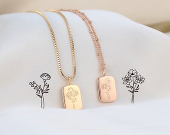 Custom Birth Flower Bouquet Pendant Necklace, Combined Flower Month Necklace, Personalized Rectangle Medallion, Gift for Her