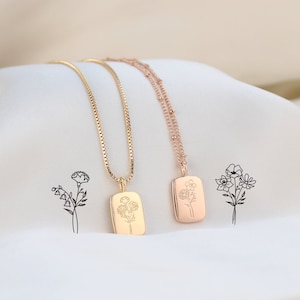 Benutzerdefinierte Geburt Blumenstrauß Anhänger Halskette, Kombinierte Blumen Monat Halskette, personalisierte Rechteck Medaillon, Geschenk für Sie