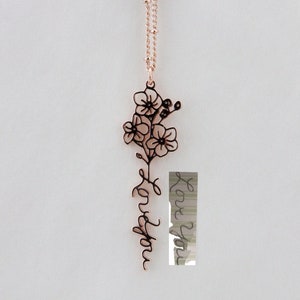 Werkelijke handschrift ketting met geboorte bloem, aangepaste handtekening naam ketting, gepersonaliseerde sierlijke herdenkingsketting voor vrouwen, cadeau voor moeder