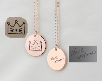 Collana personalizzata di scrittura a mano reale, collana di dischi incisi per bambini personalizzati, gioielli commemorativi, regalo della madre per lei, regali di Natale