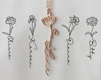 Collana con nome personalizzato con fiore di nascita, delicati gioielli minimalisti personalizzati, collana a catena per donne, regalo di Natale da damigella d'onore per lei/mamma