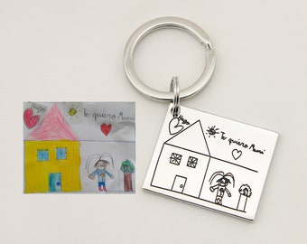Custom Actual Kids Drawing Keychain,Personalized Photo Artwork Keyring, Memorial Gift for Dad, Car Hanging Accessories, Christmas Ornaments