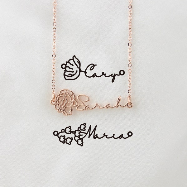 Horizontally Custom Birth Flower Name Necklace,Personalized Dainty Minimalist Jewelry for Mother Girls,Christmas Bridesmaid Gift for Her
