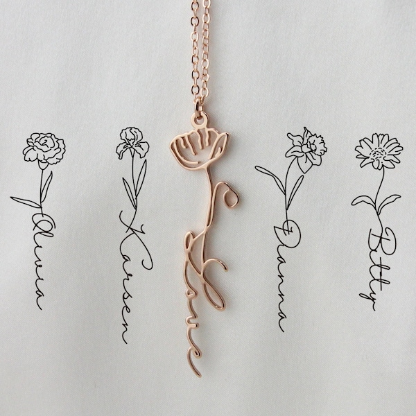 Aangepaste naamketting met geboortebloem, gepersonaliseerde bloemsieradencadeau voor haar, handgemaakt verjaardagscadeau, bruidsmeisjecadeau voor Moederdag