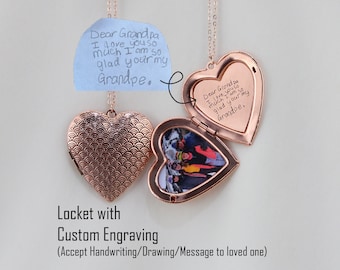 Heart Locket Necklace with Custom Engraving, Handwriting Signature Locket Photo/Picture Necklace, Memorial Gift for Mother/Grandma