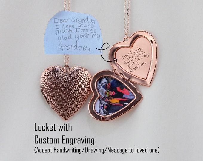 Heart Locket Necklace with Custom Engraving, Handwriting Signature Locket Photo/Picture Necklace, Memorial Gift for Mother/Grandma