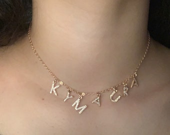 Custom Pave Necklace,Personalized Cubic Zircon Name Necklace,Gold Choker Initial Letter Jewelry for Women Girls