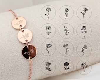 Pulsera personalizada con disco de flor de nacimiento, pulsera con dije de inicial floral del mes, regalo para dama de honor del Día de la Madre para ella/mamá