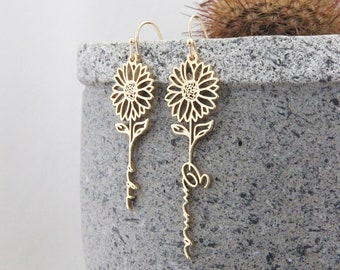 Boucles d’oreilles de nom personnalisé de fleur de naissance, boucles d’oreilles personnalisées Dangle Drop, boucles d’oreilles florales en or délicat, cadeau de fête des mères pour elle / maman / demoiselles d’honneur