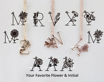 Custom Initial with Flower Necklace, Personalized Minimalist Jewelry, Gold Dainty Necklace for Women, Bridesmaid Memorial Gift for Her