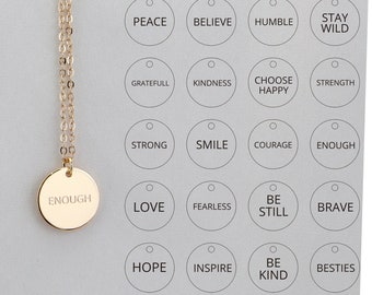 Dainty Inspirational Quote Charm Necklace, Motivational Positive Word Disk Necklace, Jewelry Gift for Daughters Mothers Women